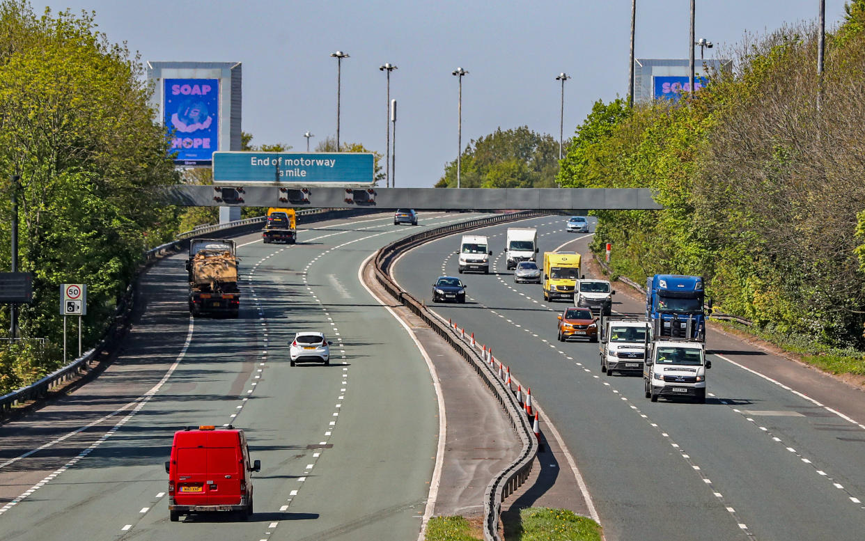 Vehicles travelling along the M62 in Liverpool as the UK continues in lockdown to help curb the spread of the coronavirus.