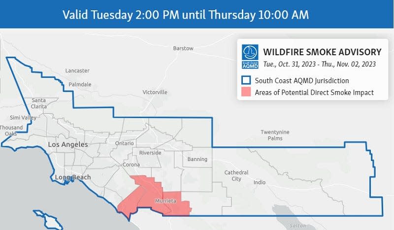 A map published on Tuesday by South Coast AQMD showing the area with the potential to be impacted by smoke from the Highland Fire burning near Aguanga.