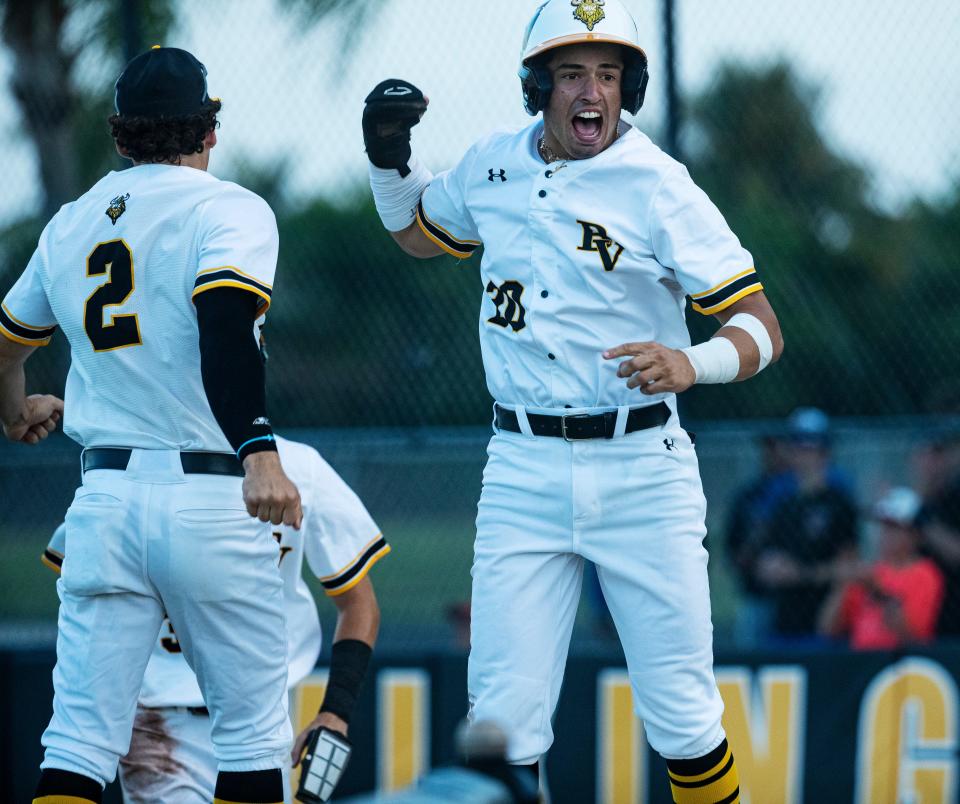 Jason Bello of the Bishop Verot baseball team celebrates a run during a regional playoff game against Clearwater Central Catholic at Bishop Verot on Wednesday, May 8, 2024. Bishop Verot won 8-0 and moves on.
