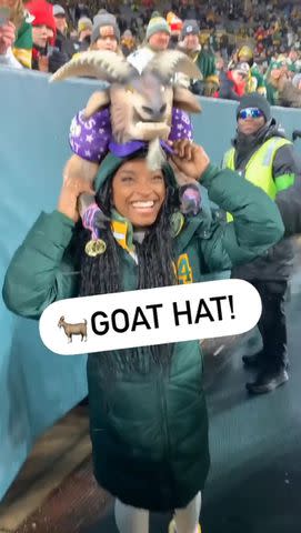<p>SNFonNBC/X</p> Simone Biles gifted custom-made hats by Packers fan