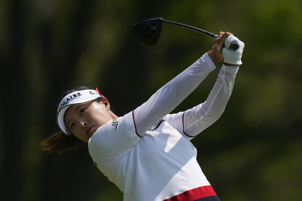 Jin Young Ko, of South Korea, hits off the 16th tee during the first round of the LPGA Cognizant Founders Cup golf tournament, Thursday, May 11, 2023, in Clifton, N.J. (AP Photo/Seth Wenig)