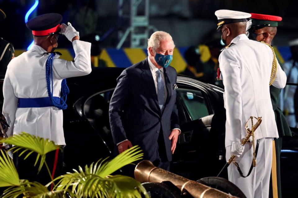 Prince Charles, Prince of Wales arrives at the Presidential Inauguration Ceremony at Heroes Square on November 29, 2021 in Bridgetown, Barbados. (Photo by Toby Melville – Pool/Getty Images)