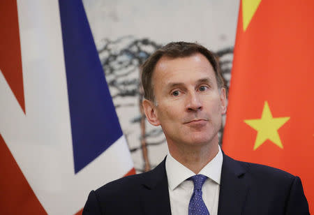 Britain's Foreign Secretary Jeremy Hunt attends a joint news conference with China's Foreign Minister Wang Yi at the Diaoyutai State Guesthouse in Beijing, China July 30, 2018. REUTERS/Jason Lee