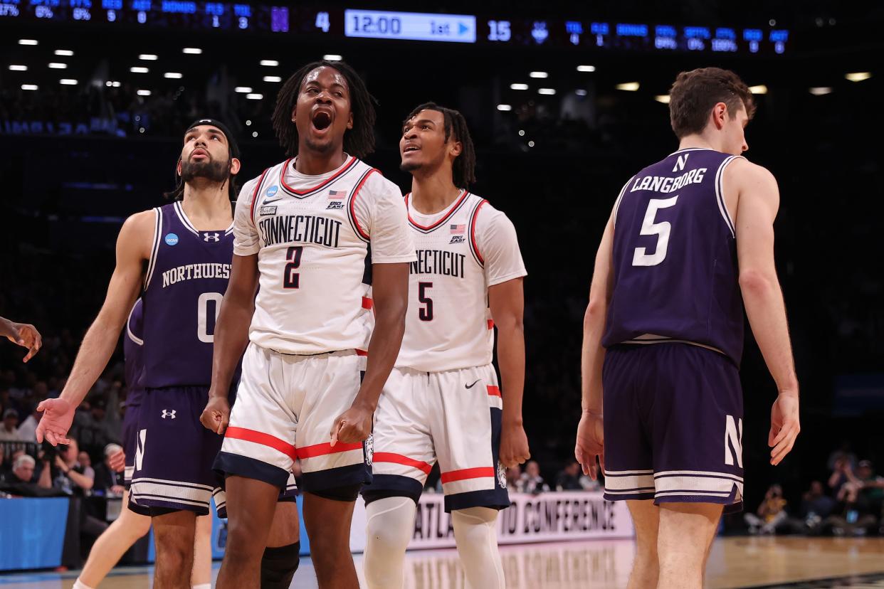 Connecticut guard Tristen Newton (2) reacts during his team's second game against Northwestern in the second round of the 2024 NCAA men's tournament at the Barclays Center.