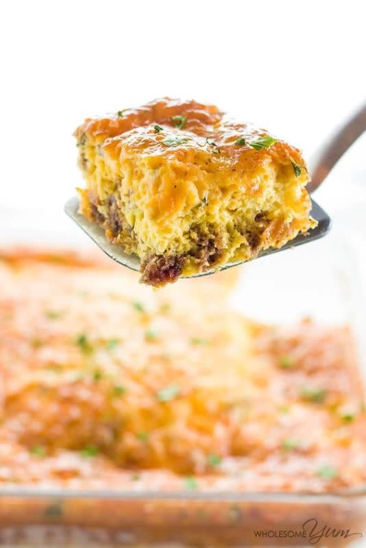 <p>Get the recipe: <a href="https://www.wholesomeyum.com/recipes/low-carb-breakfast-casserole-with-sausage-cheese-gluten-free/" rel="nofollow noopener" target="_blank" data-ylk="slk:Low-Carb Sausage and Cheese Breakfast Casserole;elm:context_link;itc:0;sec:content-canvas" class="link "><strong>Low-Carb Sausage and Cheese Breakfast Casserole</strong></a></p>