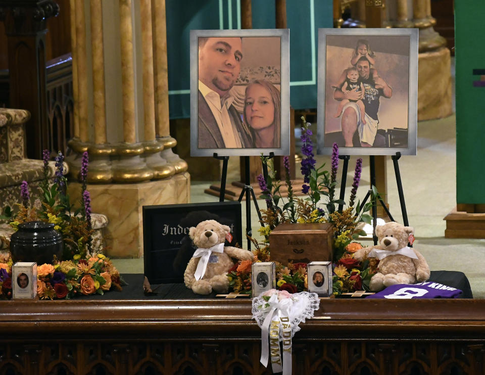 <p> A unity urn with cremated ashes of Adam Jackson and Abigail Jackson is set in place as friends and family prepare for a funeral mass at St. Stanislaus Roman Catholic Church in Amsterdam, N.Y., for eight of the 20 people killed in last Saturday's fatal limousine crash in Schoharie, N.Y., Saturday, Oct. 13, 2018. (AP Photo/Hans Pennink) </p>