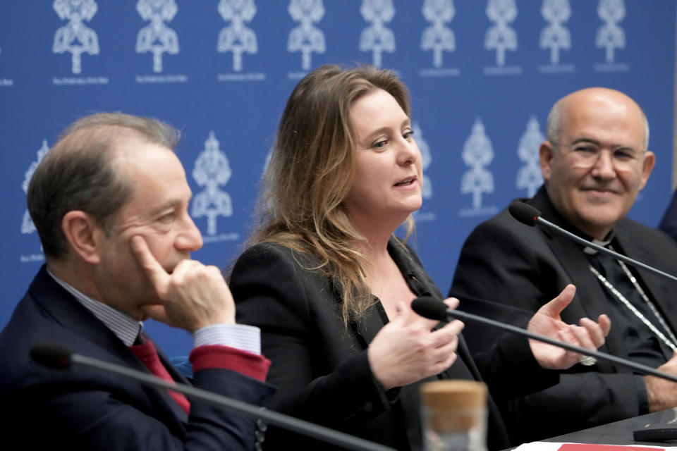 From left, curators Bruno Racine and Chiara Parisi, with Vatican Prefect of the Dicastery for Culture and Education, Card. José Tolentino de Mendonça attend a press conference at The Vatican, Monday, March 11, 2024, to present the Holy See pavillion for the 60th edition of the Venice Biennale of Arts opening on April 20th, 2024. (AP Photo/Domenico Stinellis)