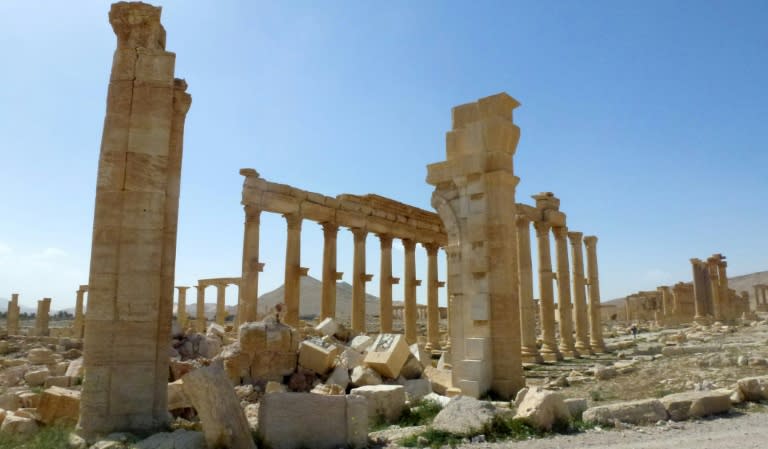 The remains of the Arch of Triumph in Palmyra after it was destroyed by the Islamic State group in Syria