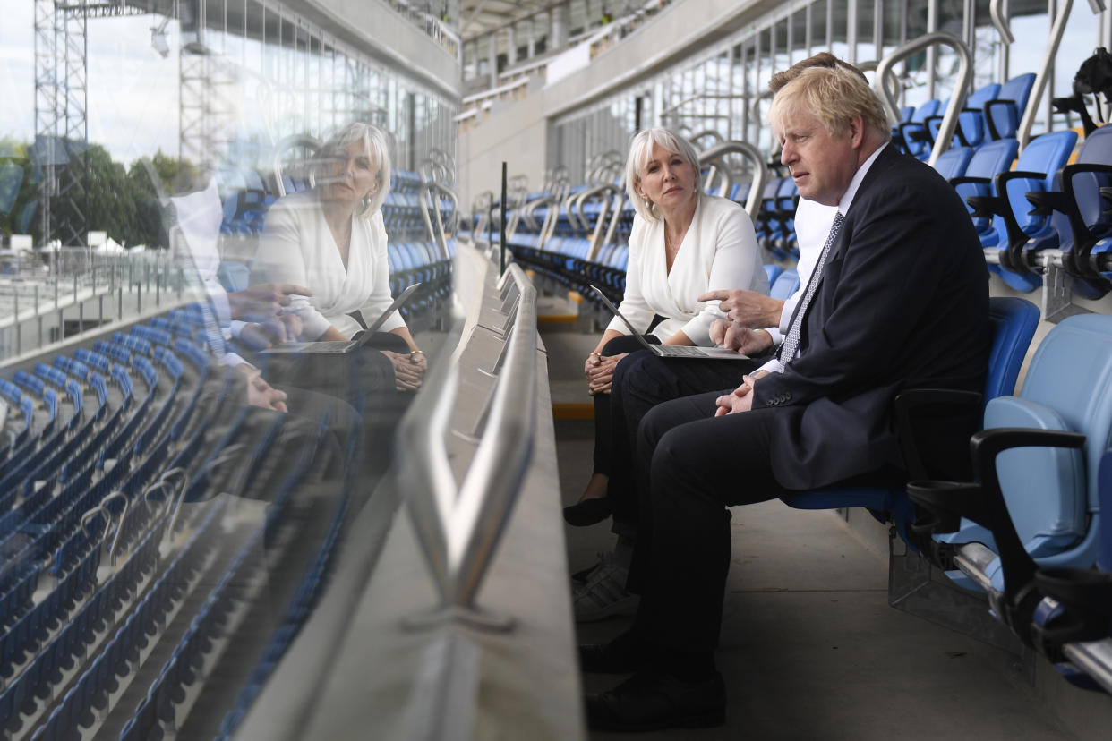 Prime Minister Boris Johnson and Culture Secretary Nadine Dorries during a visit to a stadium in Birmingham. Picture date: Thursday May 12, 2022.