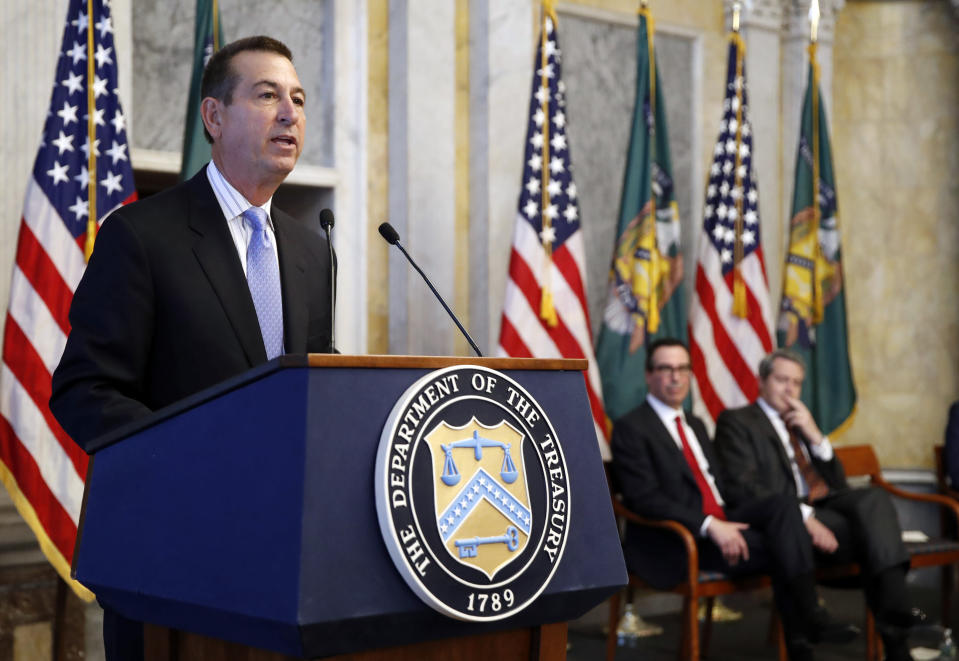 Joseph M. Otting speaks after his swearing in ceremony as Comptroller of the Currency, at the Treasury Department, Monday, Nov. 27, 2017 in Washington. (AP Photo/Alex Brandon)