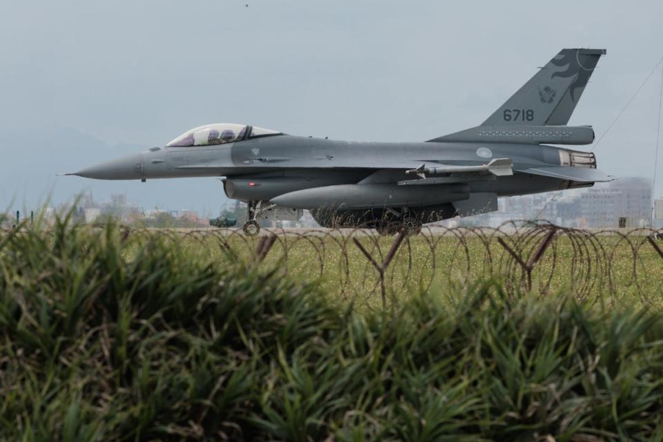 A Taiwanese F-16 fighter jet taxis after landing at an air force base in Hualien in eastern Taiwan earlier this year (AFP via Getty Images)