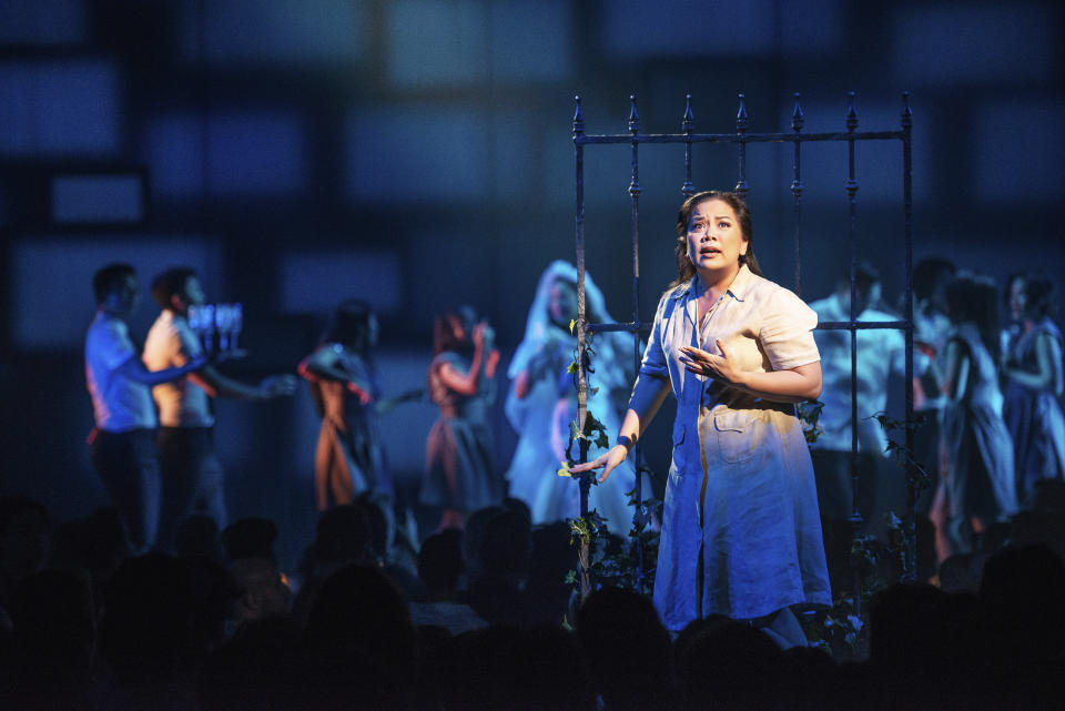 This image released by Boneau/Bryan-Brown shows Melody Butiu during a performance of "Here Lies Love," opening July 20 at the Broadway Theatre in New York. (Boneau/Bryan-Brown via AP)