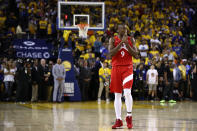 Serge Ibaka #9 of the Toronto Raptors reacts late in the game against the Golden State Warriors during Game Six of the 2019 NBA Finals at ORACLE Arena on June 13, 2019 in Oakland, California. (Photo by Ezra Shaw/Getty Images)