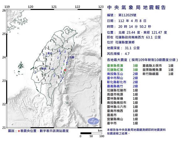 ▲花蓮8日20時14分發生規模4.7地震。（圖／氣象局）