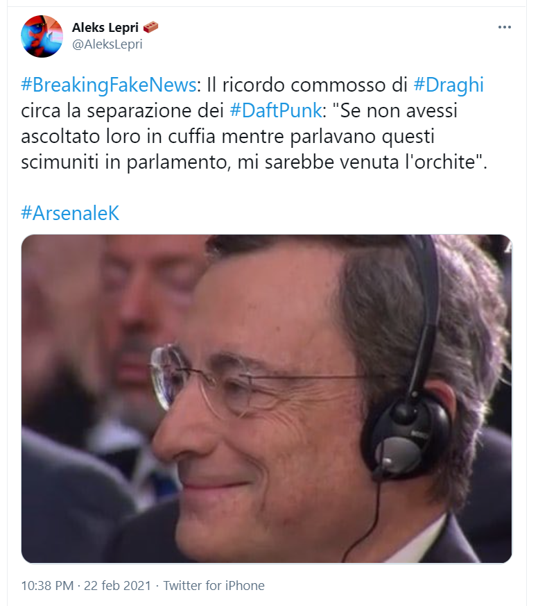 <p>Alcuni utenti hanno immaginato che dietro i caschi del duo i nascondessero Luigi Di Maio e Alessandro Di Battista, un tempo inseparabili, e c’è chi ha pronosticato che il gruppo francese si ritroverà a “C’è Posta per te” per ricongiungersi di nuovo. Non manca Morgan in versione Daft Punk che si chiede “Che succede?” e c’è chi suggerisce che dietro la coppia mascherata si celassero i compagni di classe Giancarlo Magalli e Mario Draghi, costretti a separarsi adesso che l’ex numero uno della Bce è diventato presidente del Consiglio.</p> 