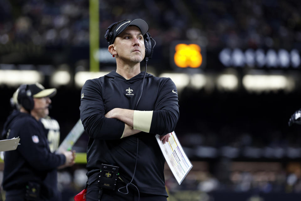FILE -New Orleans Saints head coach Dennis Allen reacts to a call during an NFL football game against the Atlanta Falcons, Sunday, Jan. 7, 2024, in New Orleans. The Saints could have a hard time passing up a promising prospect at offensive tackle should one be available to them in the 2024 NFL draft. (AP Photo/Tyler Kaufman, File)