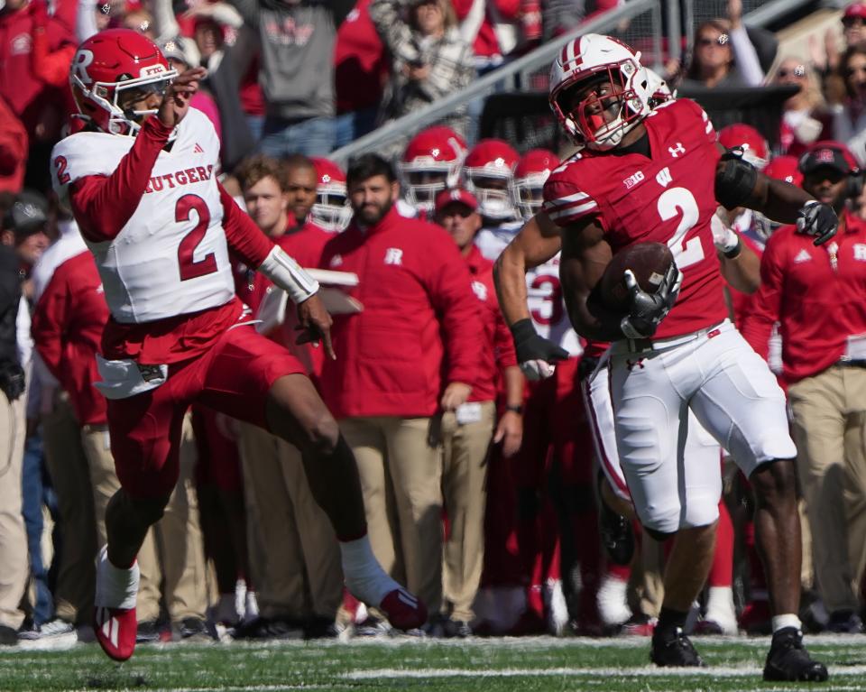 Wisconsin cornerback Ricardo Hallman (2) runs 95 yards for a touchdown after an interception during the second quarter of their game against Rutgers Saturday, October 7, 2023 at Camp Randall Stadium in Madison, Wisconsin.



Mark Hoffman/Milwaukee Journal Sentinel