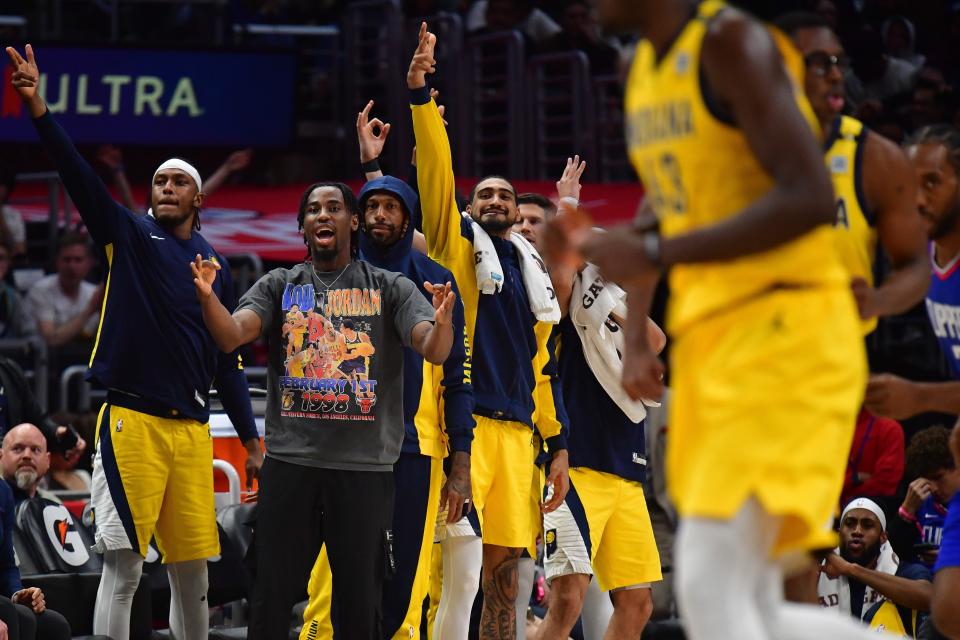 Mar 25, 2024; Los Angeles, California, USA; Indiana Pacers reacts during the second half at Crypto.com Arena. Mandatory Credit: Gary A. Vasquez-USA TODAY Sports