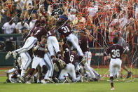 Mississippi State celebrates after winning the College World Series 9-0 against Vanderbilt in the deciding Game 3 Wednesday, June 30, 2021, in Omaha, Neb. (AP Photo/John Peterson)