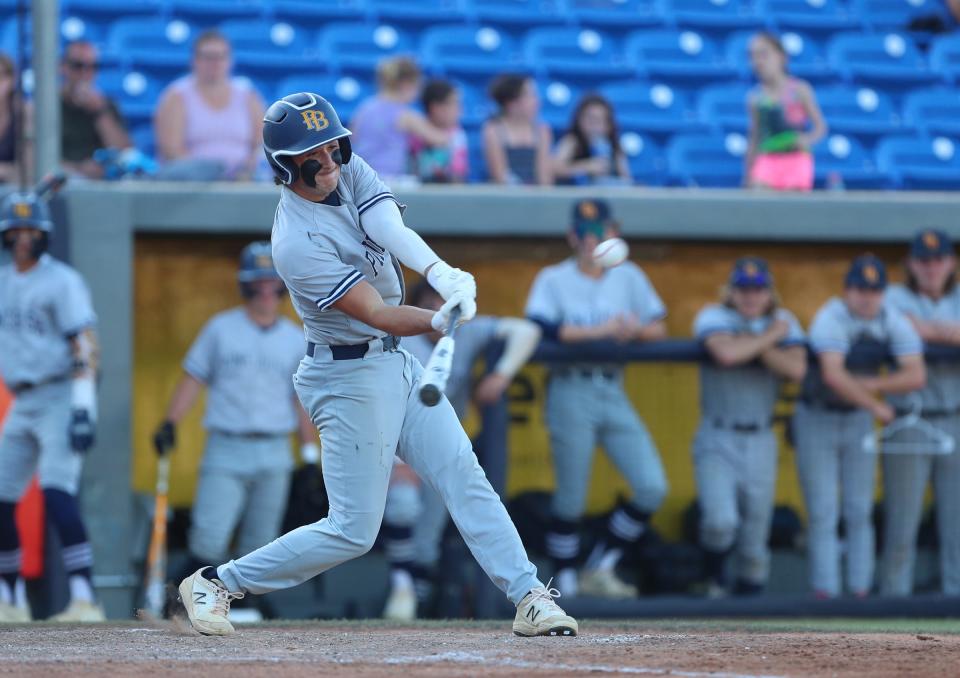 Pine Bush's Josh Martin (25) connects for a triple during the Class AA regional final baseball game against Ketcham at Dutchess Stadium in Fishkill on June 4, 2022.