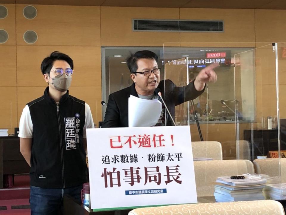 台中市球棒砸車打人案件頻傳，市議員們不滿警察局態度消極，陳文政要求警察局長蔡蒼柏下台。（記者徐義雄攝）