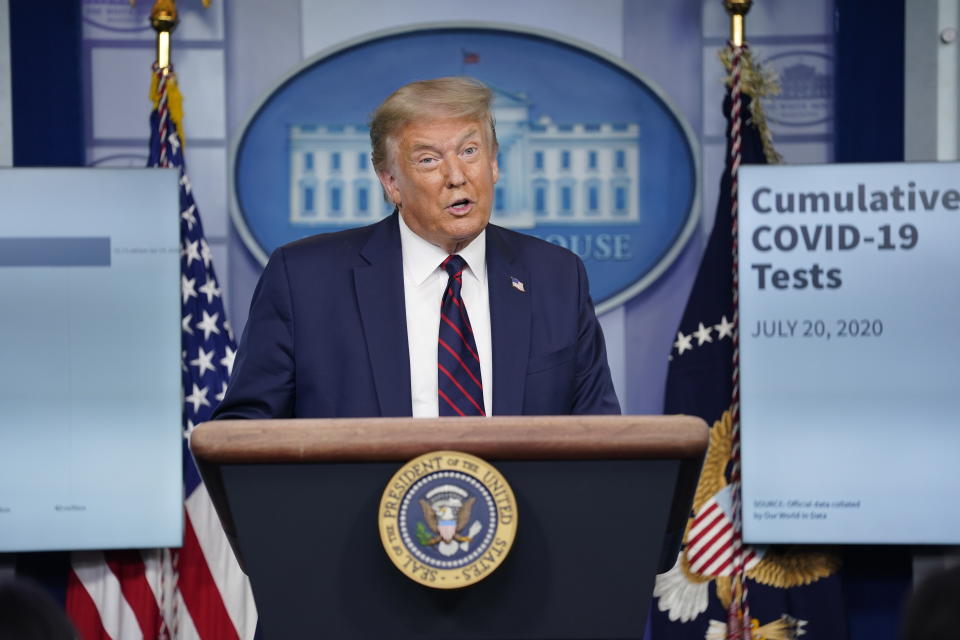 President Donald Trump speaks during a news conference at the White House, Tuesday, July 21, 2020, in Washington. (AP Photo/Evan Vucci)