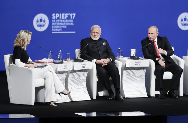 Russian President Vladimir Putin, right, Indiain Prime Minister Narendra Modi, center, and NBC journalist Megyn Kelly, left, attend the St. Petersburg International Economic Forum in St. Petersburg, Russia, Friday, June 2, 2017. (Photo: Dmitry Lovetsky/AP)