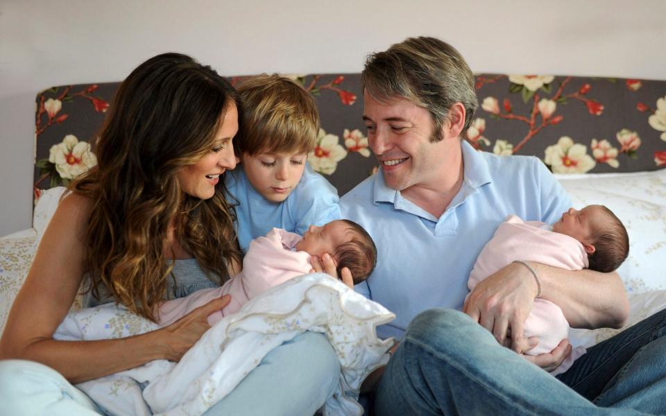 Sarah Jessica Parker holding daughter Marion Loretta Elwell Broderick, couple’s son James Wilkie Broderick, Matthew Broderick holding Tabitha Hodge Broderick pose for a photo on June 22, 2009
