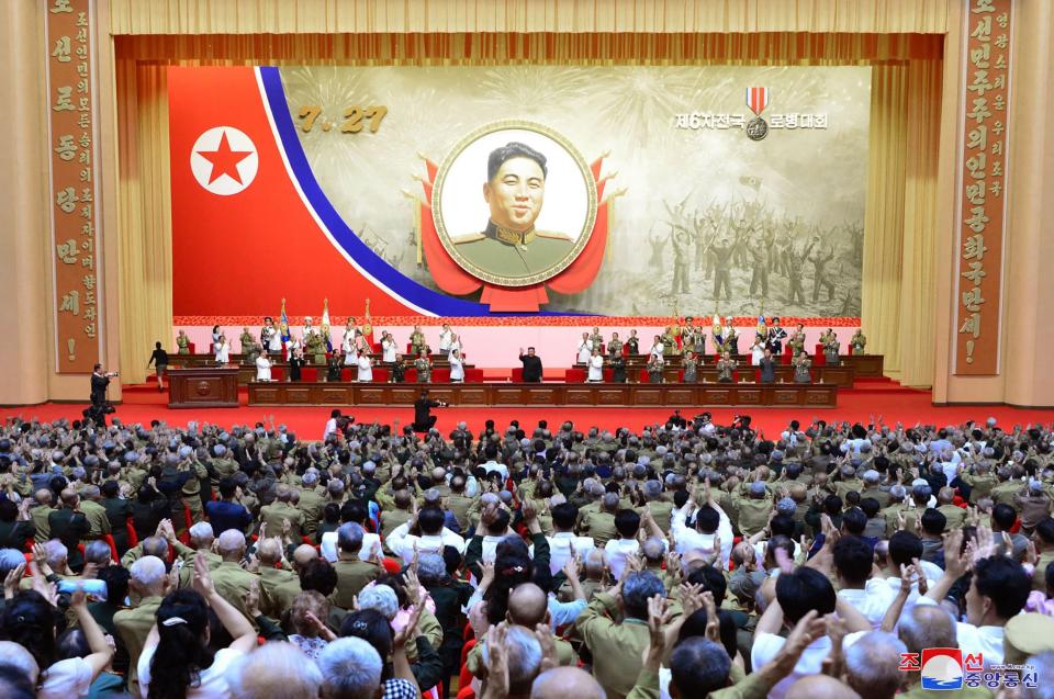 Image: North Korean leader Kim Jong Un at the 6th National Conference of War Veterans in Pyongyang on Monday and released Tuesday by North Korea's official Korean Central News Agency (KCNA). (STR / AFP - Getty Images)