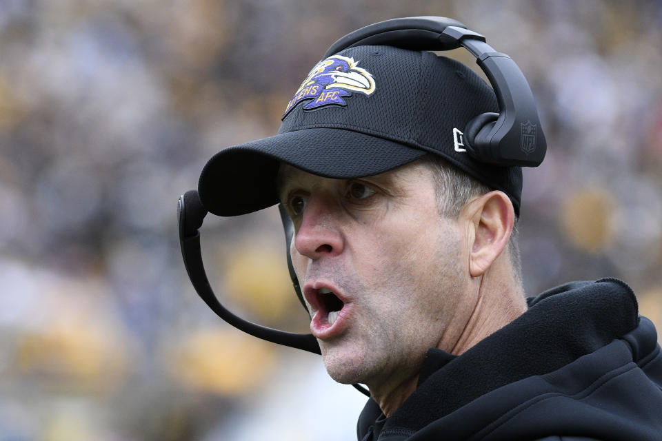 Baltimore Ravens head coach John Harbaugh yells instructions from the sidelines during the first half of an NFL football game against the Pittsburgh Steelers in Pittsburgh, Sunday, Dec. 11, 2022. (AP Photo/Don Wright)