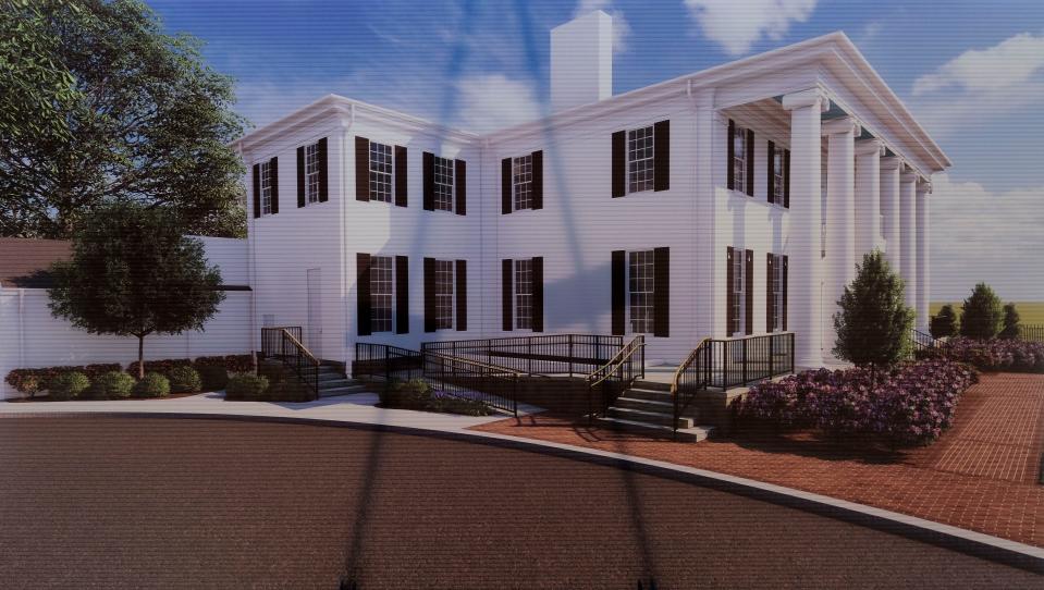 Members of the news media are given a tour of the renovations underway at the University Club Friday, Nov. 3, 2023. This is an artist’s rendering of what the finished building will look like.