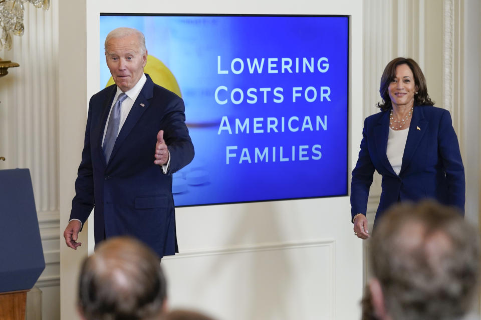 President Joe Biden, followed by Vice President Kamala Harris, arrives to speak during an event on prescription drug costs, in the East Room of the White House, Tuesday, Aug. 29, 2023, in Washington. (AP Photo/Evan Vucci)