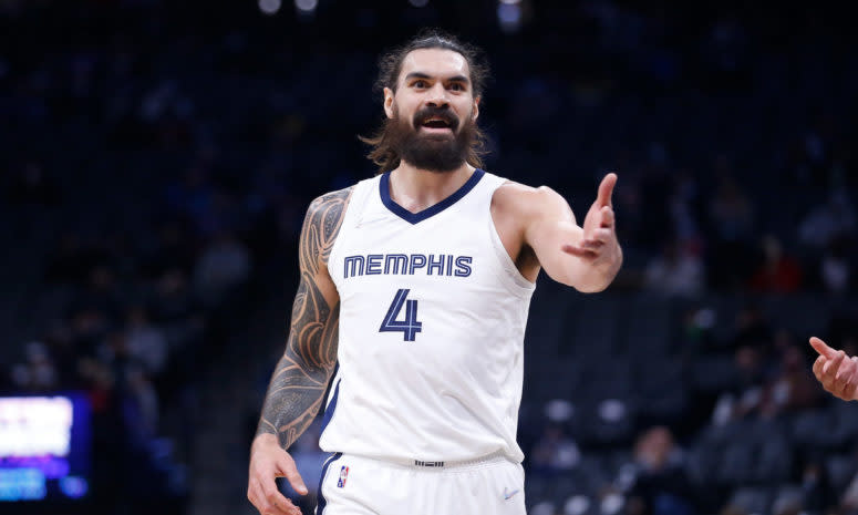 Memphis Grizzlies center Steven Adams points after a call by a referee.