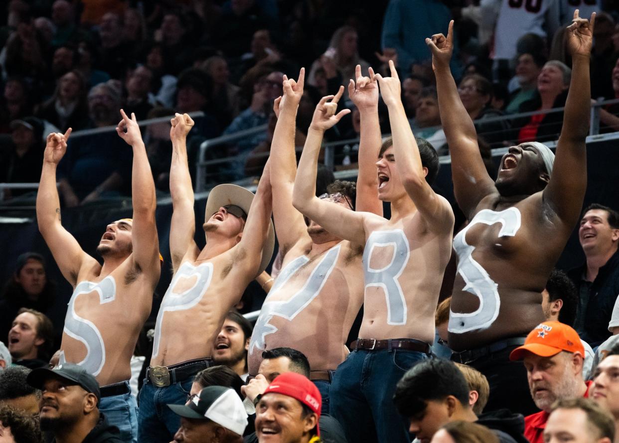 San Antonio Spurs fans cheer during last year's 129-127 win over the Portland TrailBlazers at Moody Center in Austin on April 6, 2023. The Spurs will play the Denver Nuggets and Brooklyn Nets in Austin this weekend as part of the annual I-35 Series.