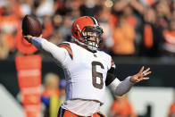 Cleveland Browns quarterback Baker Mayfield throws during the first half of an NFL football game against the Cincinnati Bengals, Sunday, Nov. 7, 2021, in Cincinnati. (AP Photo/Aaron Doster)