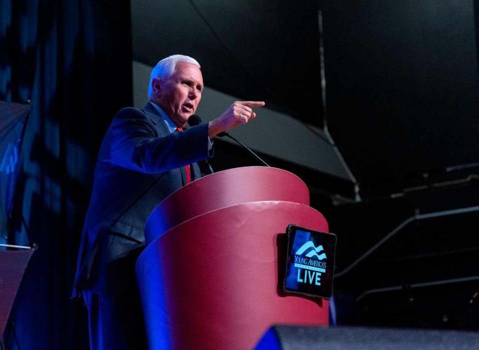 Former Vice President Mike Pence speaks at the Carolina Union on Wednesday, April 26, 2023, in Chapel Hill, N.C.