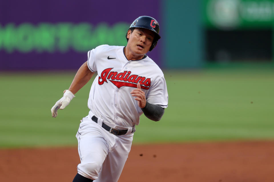 CLEVELAND, OH - AUGUST 20: Cleveland Indians first baseman Yu Chang (2) rounds third base as he scores on a double hit by Cleveland Indians center fielder Myles Straw (7) (not pictured) during the second inning of the Major League Baseball game between the Los Angeles Angels and Cleveland Indians on August 20, 2021, at Progressive Field in Cleveland, OH. (Photo by Frank Jansky/Icon Sportswire via Getty Images)