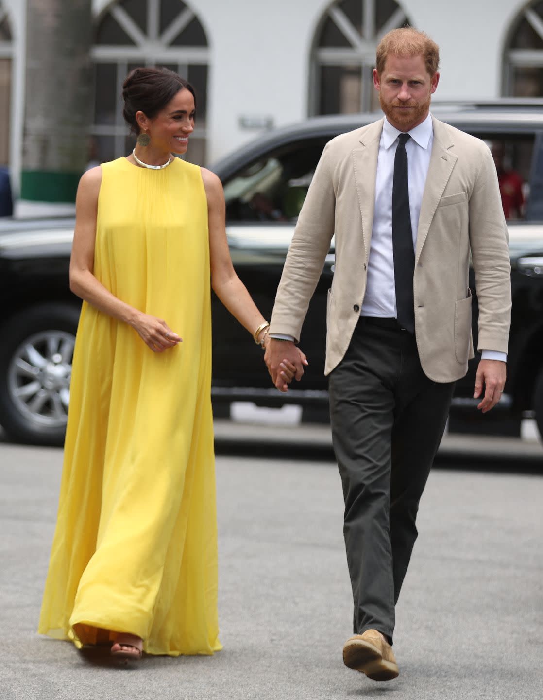 britain's meghan l, duchess of sussex, and britain's prince harry r, duke of sussex arrive at the state governor house in lagos on may 12, 2024 as they visit nigeria as part of celebrations of invictus games anniversary photo by kola sulaimon afp