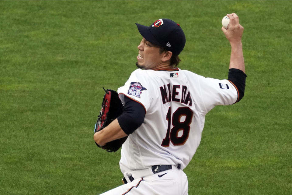 Minnesota Twins pitcher Kenta Maeda throws to a Los Angeles Angels batter during the first inning of a baseball game Thursday, July 22, 2021, in Minneapolis. (AP Photo/Jim Mone)