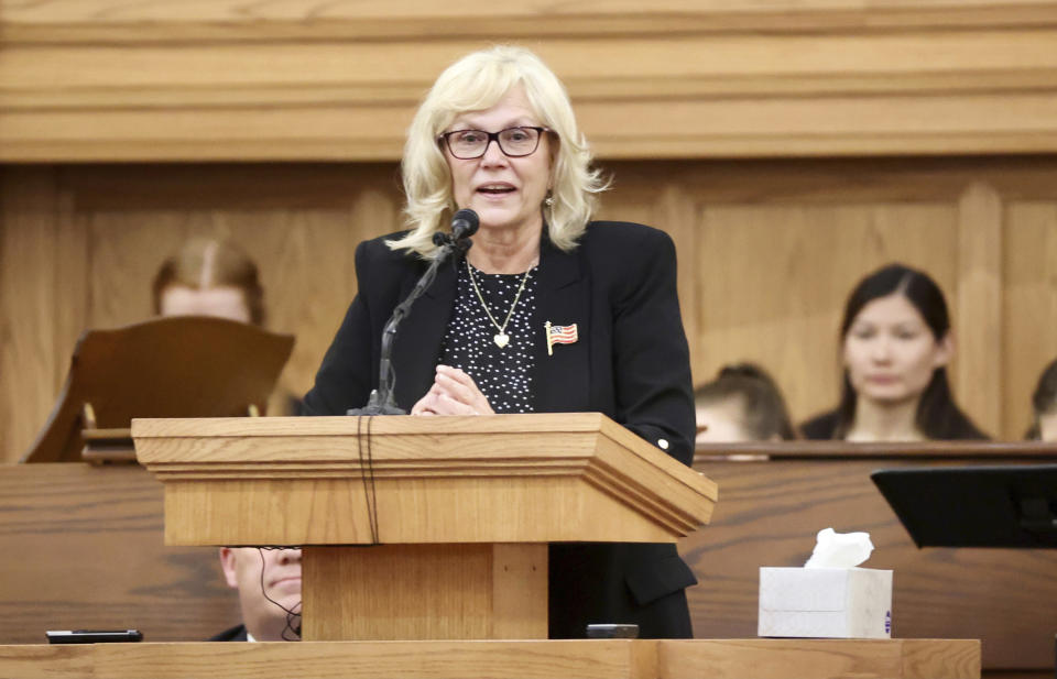 Marcia Hatch Whetton, daughter of former Sen. Orrin Hatch, speaks during her father's funeral at The Church of Jesus Christ of Latter-day Saints Institute of Religion adjacent to the University of Utah in Salt Lake City, Friday, May 6, 2022. (Kristin Murphy/The Deseret News via AP, Pool)