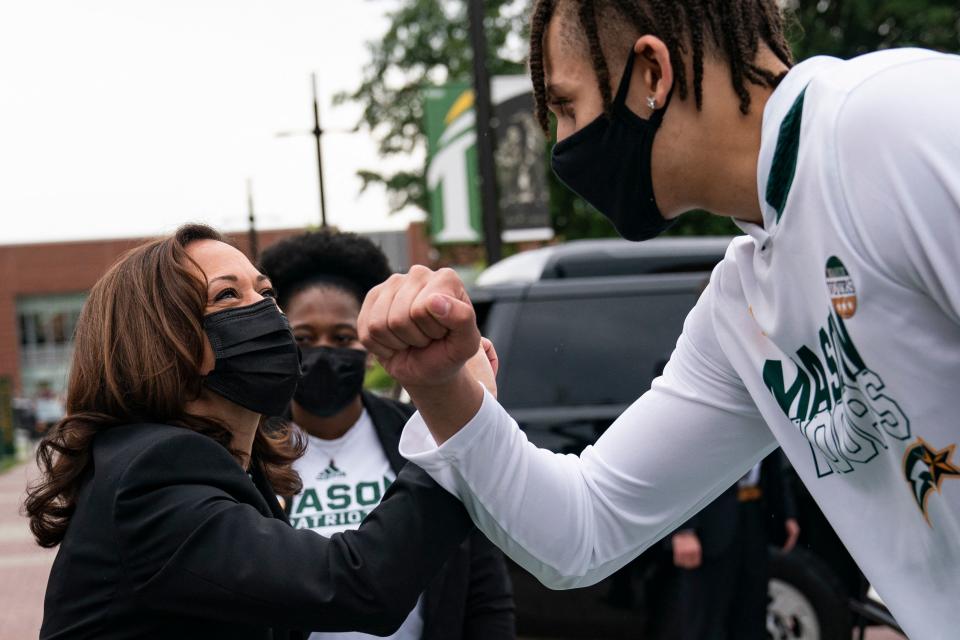 Vice President Kamala Harris greets students at a voter registration event at George Mason University during a surprise visit to campus on September 28, 2021 in Fairfax, Virginia. (Alex Edelman/AFP via Getty Images)