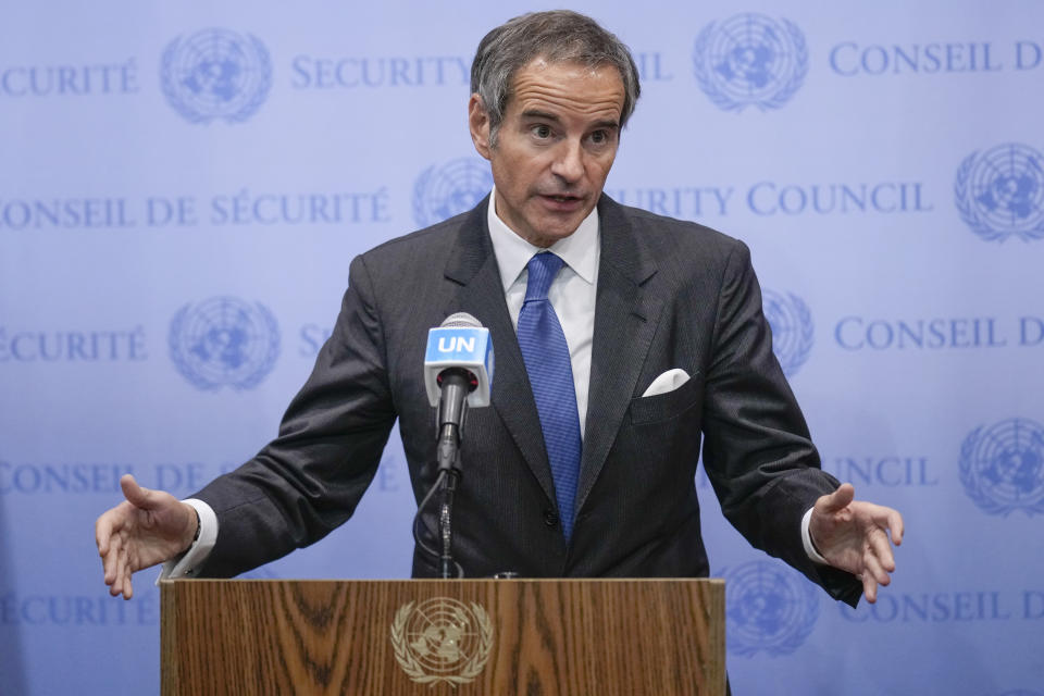 IAEA Director-General Rafael Grossi speaks to reporters after a Security Council meeting at United Nations headquarters, Tuesday, May 30, 2023. Grossi stressed Tuesday that the world is fortunate a nuclear accident hasn’t happened in Ukraine and asked Moscow and Kyiv to commit to preventing any attack on Europe’s largest nuclear power plant and make other pledges “to avoid the danger of a catastrophic incident.” (AP Photo/Seth Wenig)