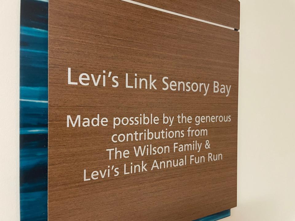 A plaque displaying the name for the new Levi's Link Preop Sensory Bay at McLaren Port Huron on May 7, 2024.