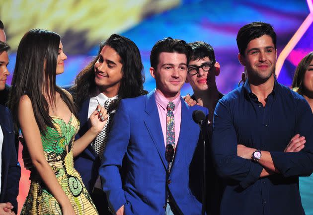 Actors Victoria Justice, Avan Jogia, Drake Bell and Josh Peck speak onstage during Nickelodeon's 27th Annual Kids' Choice Awards in March 2014.