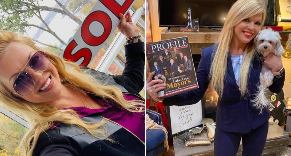 Leigh Ann Bauman with a sold sign and holding a mayor magazine 