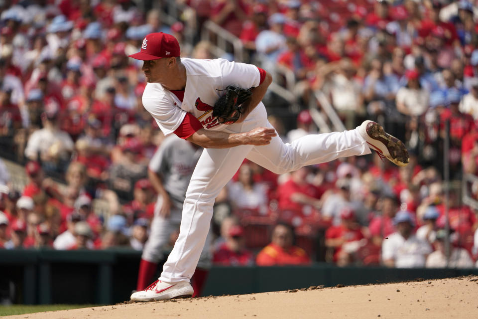 St. Louis Cardinals starting pitcher Jack Flaherty throws during the first inning of a baseball game against the Washington Nationals Monday, Sept. 5, 2022, in St. Louis. (AP Photo/Jeff Roberson)