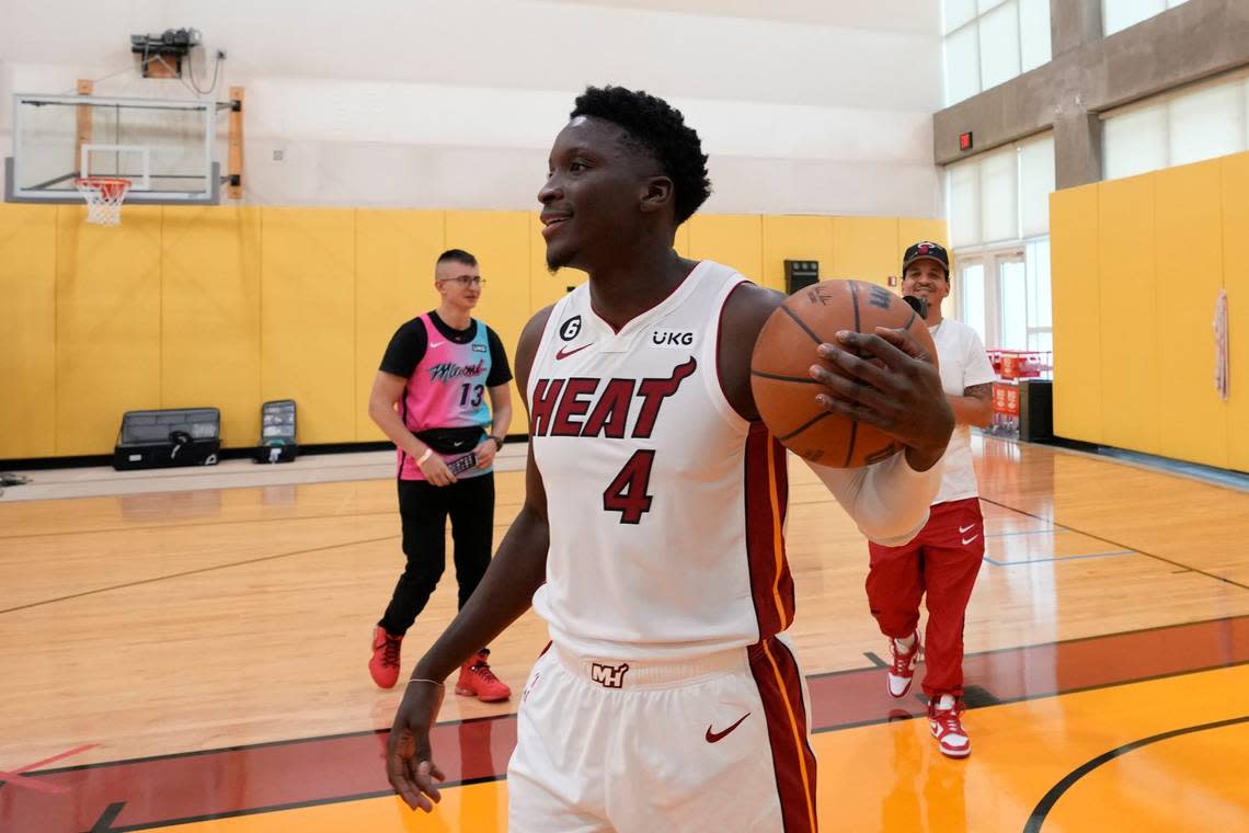 Miami Heat’s Victor Oladipo messes around with a basketball between portrait sessions, during the NBA basketball team’s Media Day in Miami, Monday, Sept. 26, 2022. Rebecca Blackwell/AP