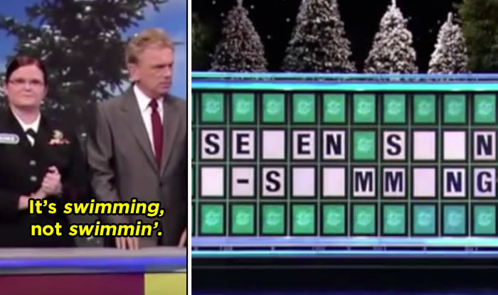 Contestant with Pat Sajak with the text "It's swimming, not swimmin'" next to a photo of the phrase showing missing letters: "Se_en s__n _-s__mm_ng"