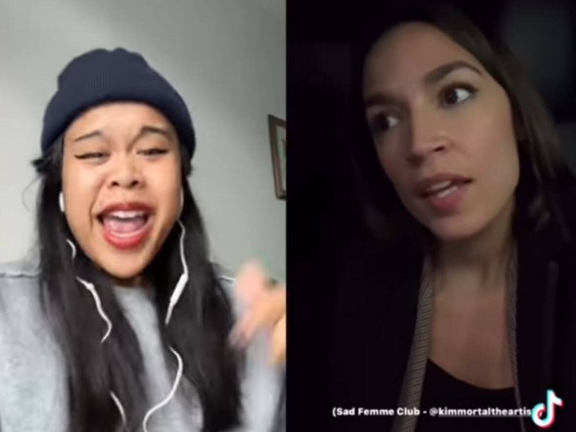 Vancouver hip hop artist K!mmortal reacts in a social media post after U.S. Congresswoman Alexandria Ocasio-Cortez rapped along to their 2017 song 'Sad Femme Club' on Thursday, March 24, 2022. (K!mmortal/Instagram - image credit)