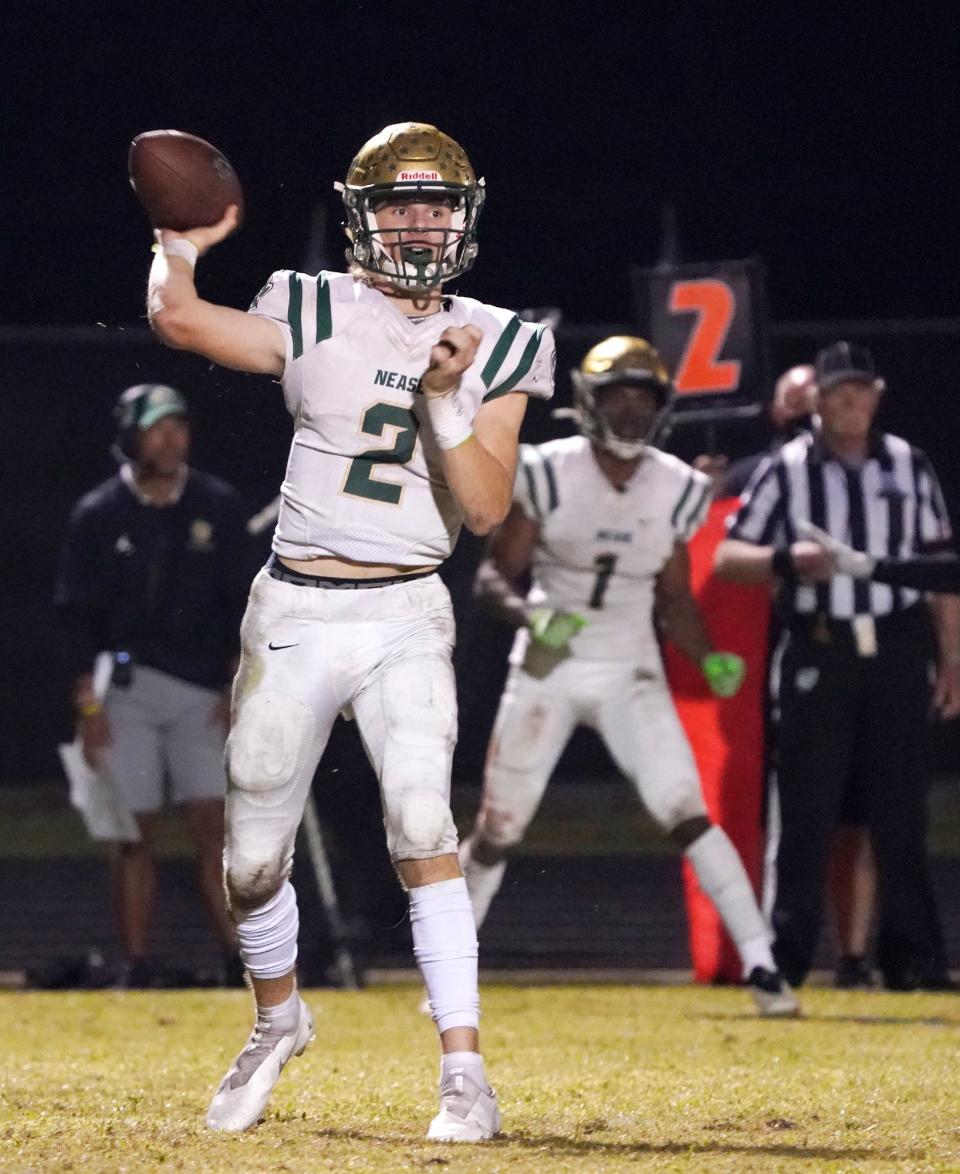 Nease QB Marcus Stokes (2) looks to pass during a playoff game with Spruce Creek at Spruce Creek High School in Port Orange, Friday, Nov. 12, 2021.
